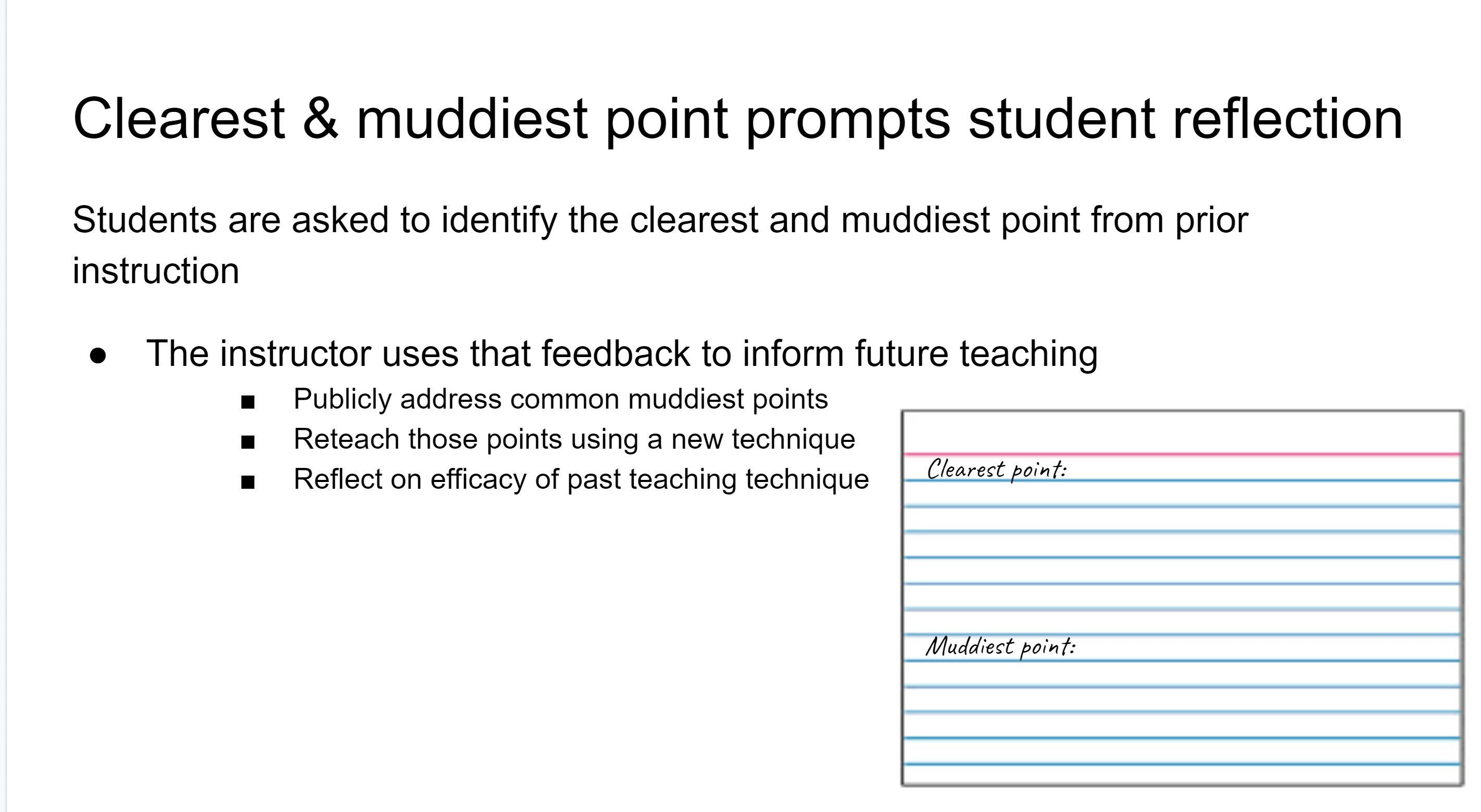 A white slide with an index card on it that says 'clearest point' and 'muddiest point.'