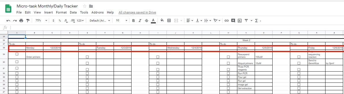 Spreadsheet with checkboxes, days, and dates, organized by week.