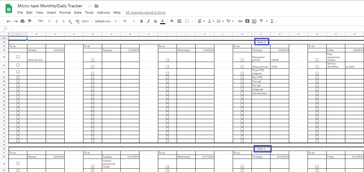 Spreadsheet with checkboxes, days, and dates, organized by week.