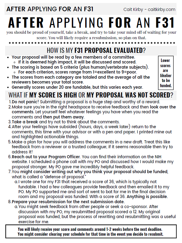 One pager about after applying for an F31 fellowship.  Click to access a page with a screen-reader friendly version.