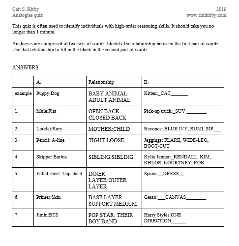 Analogies quiz to promote bleonging.