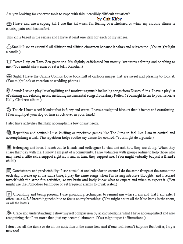 Guidelines for creating your own coping kit. Click to access a page with a screen-reader friendly version.