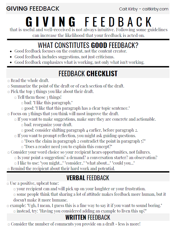 One pager about giving feedback. Click to access a page with a screen-reader friendly version.