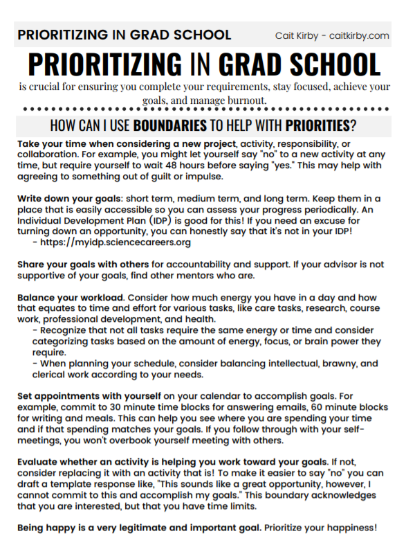 One pager about prioritizing in grad school.  Click to access a page with a screen-reader friendly version.