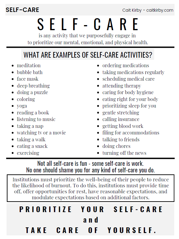 One pager about self care. Click to access a page with a screen-reader friendly version.