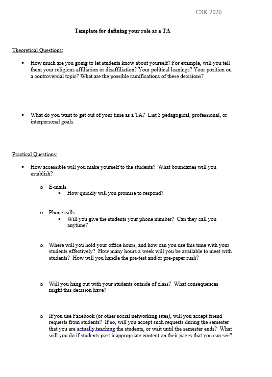 Template worksheet for teaching assistants to plan out their role.