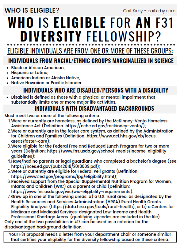 One pager about who is eligible for an F31 diversity fellowship.  Click to access a page with a screen-reader friendly version.